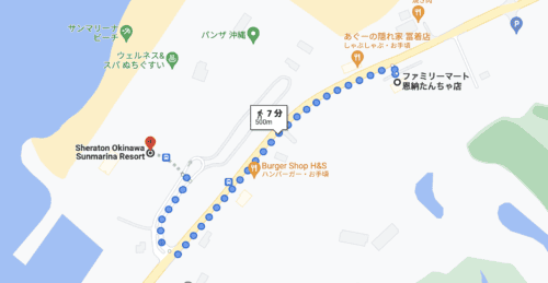 ホテルから一番近いコンビニまでの地図
