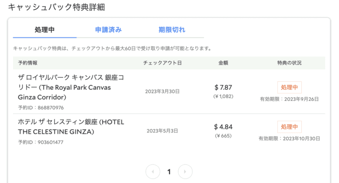 アゴダキャッシュバック特典のステータス状況
