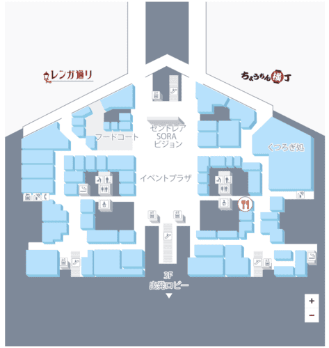 ぼてぢゅうの場所を示した空港マップ