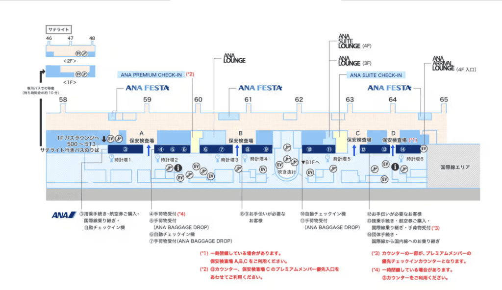 羽田空港のANAラウンジを表したマップ