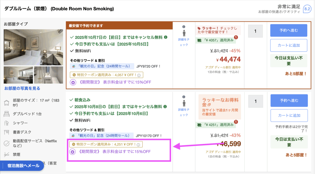 8%割引のクーポン適用後のホテル価格